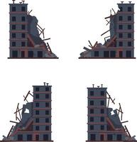 Damaged dark grey building with rubble and broken structure illustration showing four different views of ruined urban architecture vector
