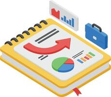 Business growth analytics report with pie chart and upward arrow on spiral notebook illustration vector