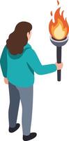 Person holding flaming torch in teal jacket walking forward in isometric style illustration vector