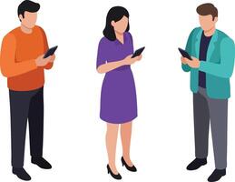 Group of people standing using smartphones in casual outfits communicating and browsing digital devices illustration vector