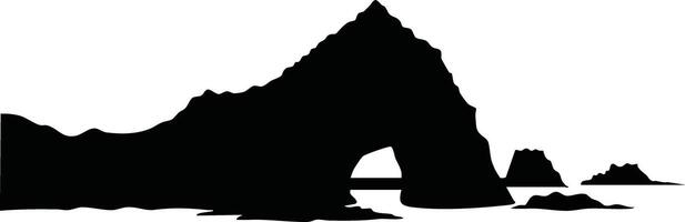 Natural rock arch formation with surrounding sea rocks silhouette illustration in black and white minimal style vector