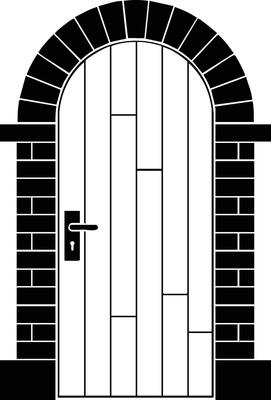 Wooden door with brick arch frame and metal handle illustration in black and white style