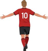 Soccer player celebrating with open arms in red jersey and black shorts illustration vector