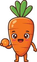 Cartoon carrot character holding carrot slice with happy expression and green leaves illustration vector