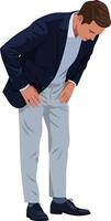 Man in navy blazer and gray pants bowing politely in formal attire illustration vector