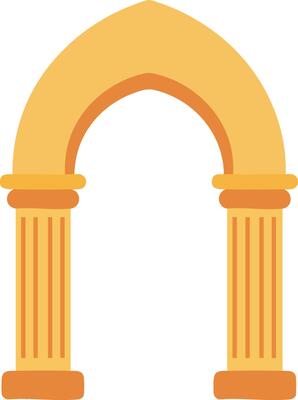Ancient stone archway with two columns architectural illustration in yellow and orange hues for design