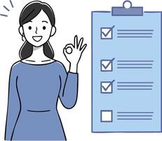 Woman making okay gesture with checklist clipboard showing completed tasks in blue illustration vector