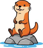 Cute orange otter sitting on gray rocks in water with playful expression illustration vector