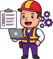 Construction worker holding laptop with checklist and gears illustration in safety helmet and vest vector