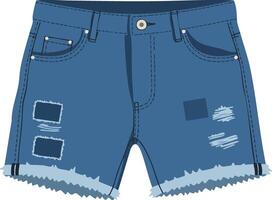 Blue denim distressed shorts with frayed edges and patch details illustration for casual summer wardrobe style vector