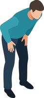 Man in teal sweater bending forward in discomfort or pain illustration in simple style vector