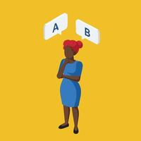 Woman with red hair thinking and choosing between options A and B on yellow background illustration vector