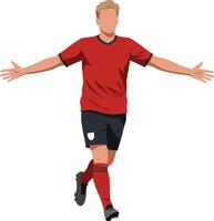 Male soccer player celebrating goal with arms wide open in red jersey and black shorts illustration vector