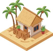 Tropical beach hut with palm trees and potted plants in sandy environment illustration vector