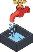 Red water faucet dripping water into black basin illustration in isometric style vector