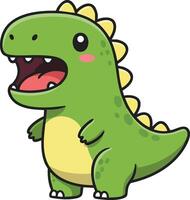 Cute green dinosaur cartoon character with yellow spikes and open mouth smiling illustration vector
