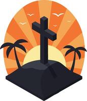 Cross on Grave with Palm Trees and Orange Sunset Background Illustration for Memorial or Religious Theme vector