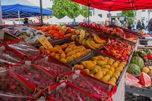 A fruit stand with many different types of fruit photo