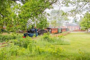 A train is traveling through a field with trees and grass photo