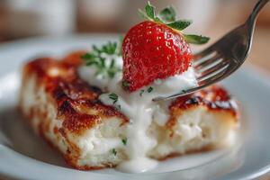 A slice of warm cake topped with creamy sauce and a fresh strawberry, served on a white plate. The dessert looks delectable and fresh photo