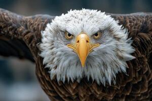A bald eagle displays its impressive wings and focused gaze in a natural habitat, showcasing stunning details of its feathers in sunlight photo