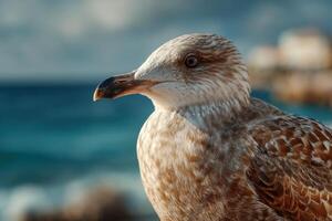 A seagull perches calmly by the water, its feathers catching sunlight against the backdrop of sparkling ocean waves photo