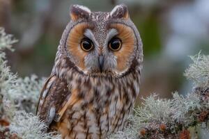 An owl sits calmly on a branch in a serene forest setting, showcasing its vibrant feathers and captivating eyes in the gentle morning light photo