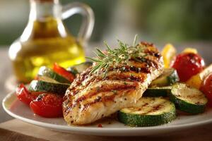 Grilled chicken breast garnished with herbs served with colorful vegetables and olive oil in a bright kitchen filled with natural light photo