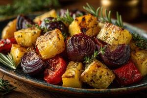 A vibrant assortment of roasted vegetables including potatoes, onions, and bell peppers garnished with fresh herbs. Warm kitchen ambiance photo
