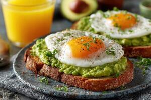 Slices of whole grain bread are generously spread with mashed avocado and topped with perfectly fried eggs, set against a charming kitchen backdrop photo