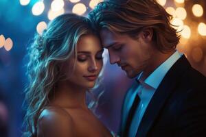 A man and woman in a formal suit are embracing photo