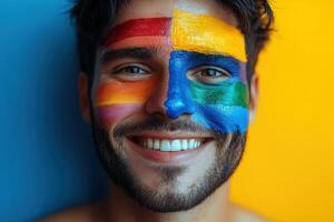A youngster with rainbow painted on his face photo