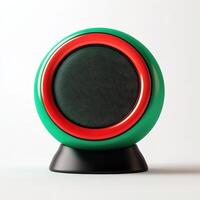 A green and red speaker on a stand photo