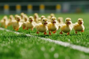 A group of ducks running across a field photo