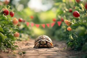 A tortoise walking through a garden with red and white bunting photo