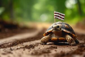 A tortoise with a flag on its back photo