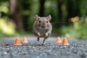 A mouse running through cones on a road photo