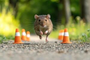 A mouse running through traffic cones on a road photo