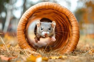 A small rat is in a wicker basket photo