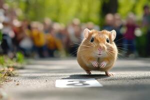 A hamster running on a road with people in the background photo