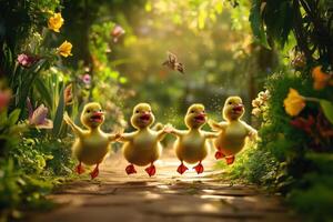 Three yellow ducks running through a garden photo
