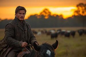 A man in a cowboy outfit rides a horse in front of a herd of cattle photo