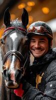 A man in a black jacket and helmet is smiling with a horse photo