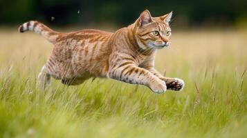 An orange tabby cat running through a field photo
