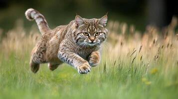 A bobcat running through a field photo