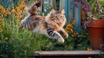 A cat running through a garden photo