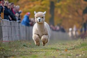 A llama running through the field with people watching photo