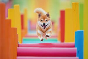 Shiba Inu Dog Jumping Over Obstacle photo
