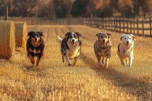 Dogs Running in a Field of Hay photo