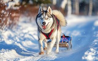 A husky dog is pulling a sled through the snow photo